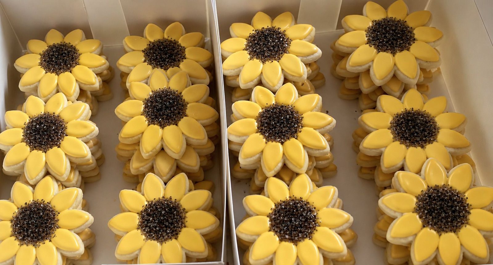Sunflower decorated sugar cookies packed in white bakery boxes